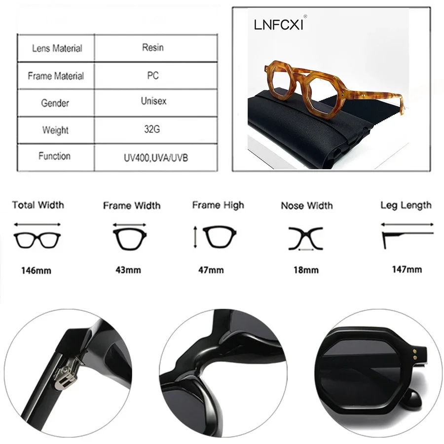 Lnfcxi Mode Polygon kleine quadratische Frauen Sonnenbrille Retro graue Nieten Männer Sonnenbrillen uv400 Trend Outdoor-Sport Sonnenbrille