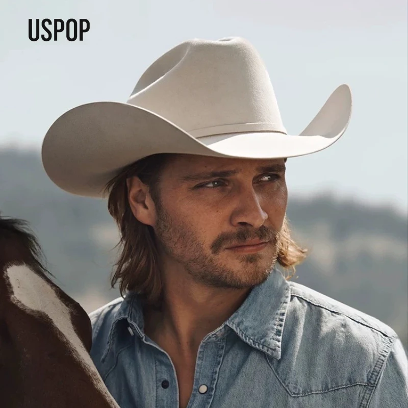USPOP 100% Wool Felt Cowboy Hat with Belt Buckle 4 Sizes Wide Brim Jazz Hat  Autumn Winter Fedoras
