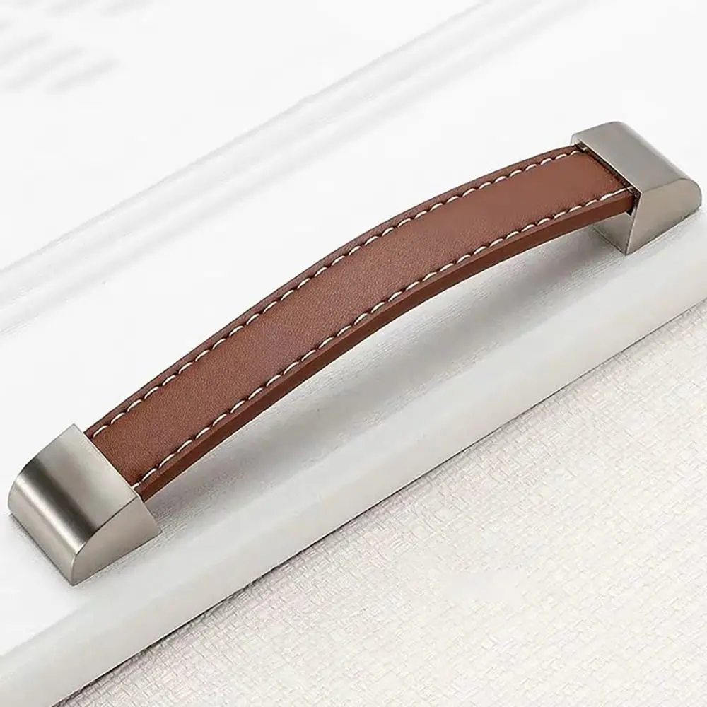 1Pcs Brown Soft Leather Leather Cabinet Handle Single Hole Zinc Alloy Door Handle Knob 96/128/160/192mm Pitch Drawer Pull