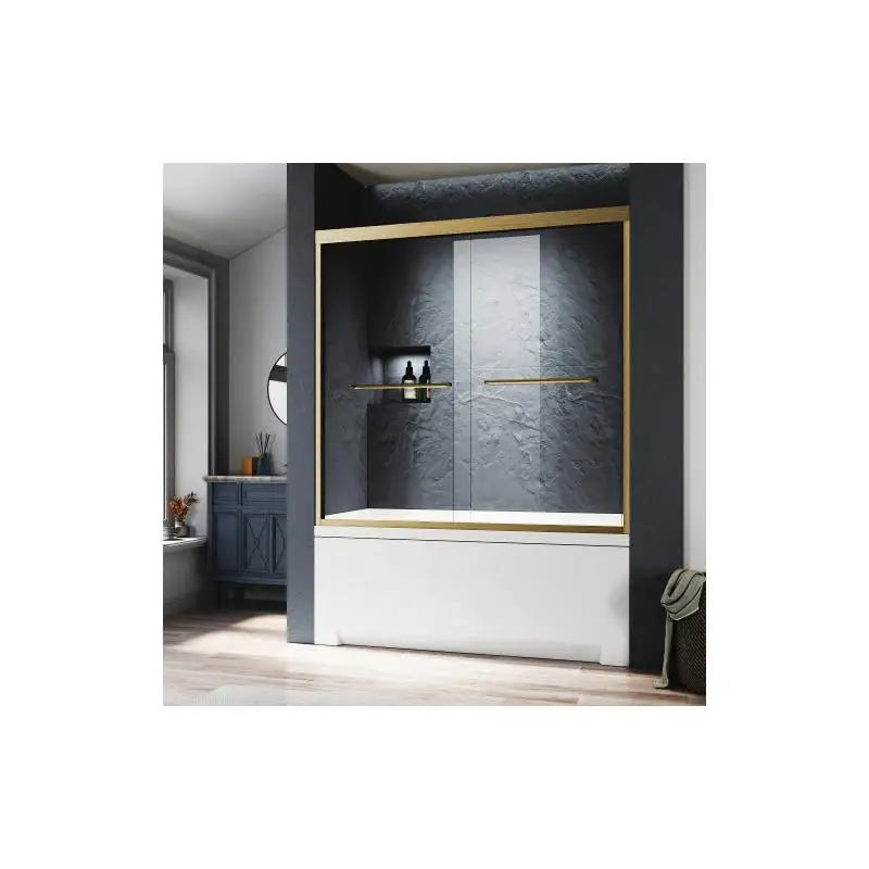 

Brushed Gold Semi-Frameless Double Bathtub Door, 56-60 in. W x 62 in. H, Certified Clear Tempered Glass, Stainless Steel