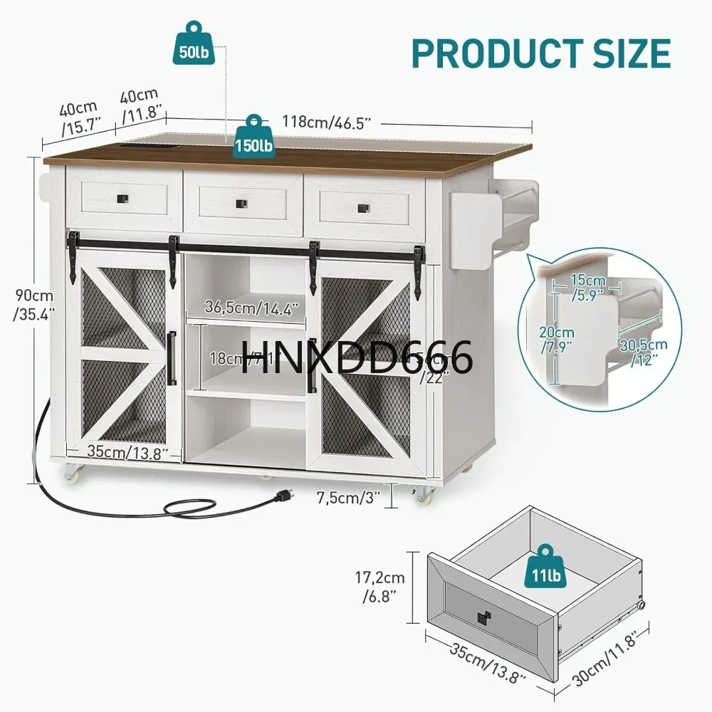 Kitchen Cart with Charging Station, Rolling Table with Drop-Leaf, 3 Drawers, Barn Doors,
