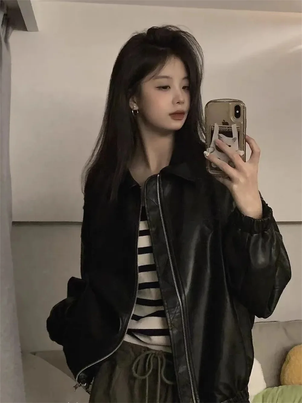 Vintage ins China-Chic Motorcycle Leather Coat Women's Spring and Autumn 2025 New Loose Casual Maillard Design Top