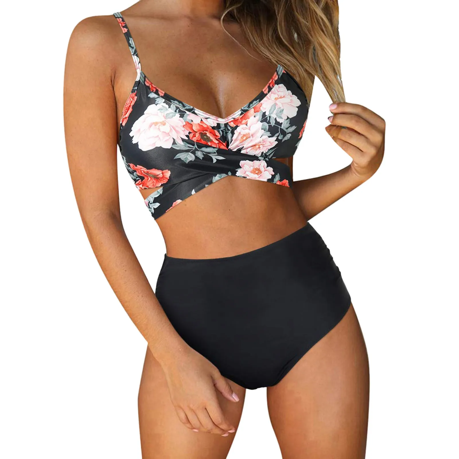 

Bathing 2 Cross Piece High Printed Waisted Swimsuit Floral Criss String Women Swimwears Tankinis Set Swimwears micro