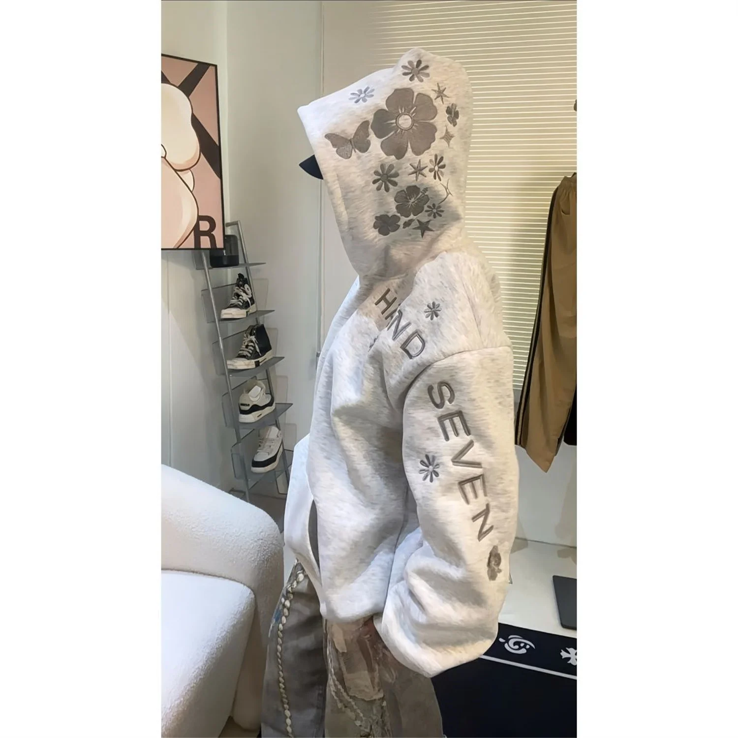 2025 여성용 오버사이즈 후드티 꽃 자수 레터 프린트 디자인 스트리트웨어 캐주얼 루즈 풀오버 스웨트셔츠