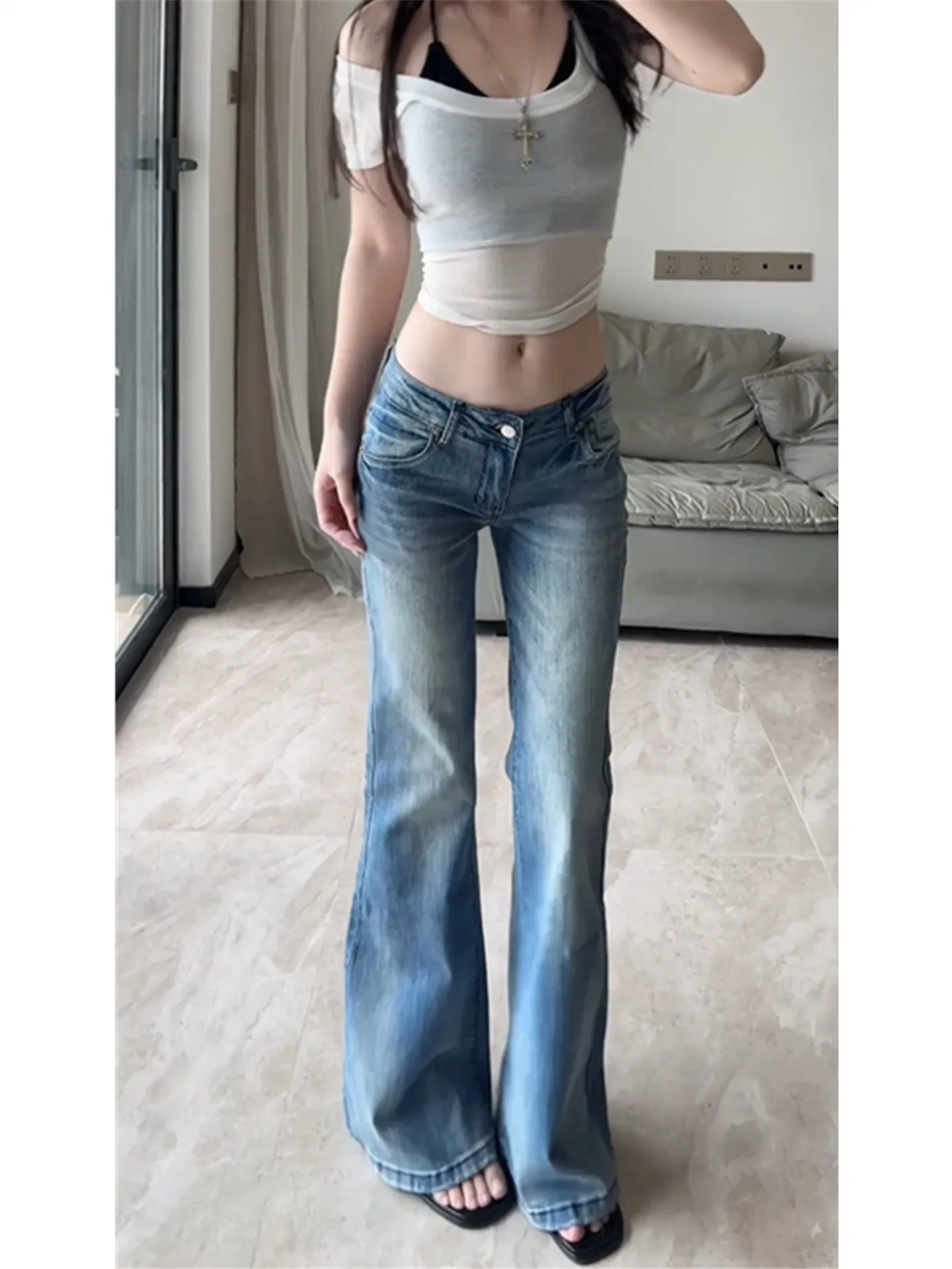 

Джинсы-клеш с высокой талией и градиентным окрашиванием, больших размеров, женские, с эффектом похудения, повседневные, из хлопкового денима, осенняя мода