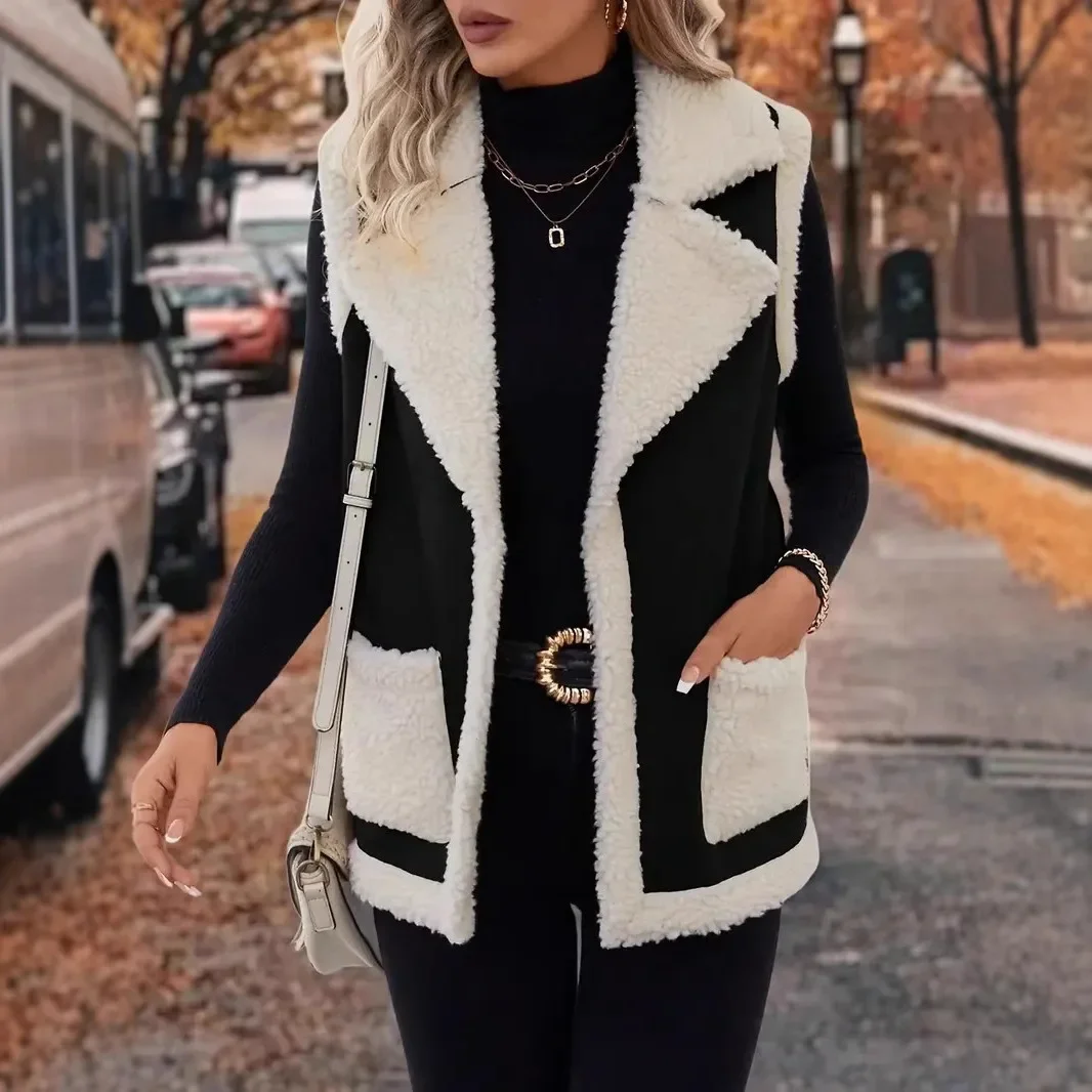 

Новый женский жилет из овчины, осенне-зимний утолщенный кожаный меховой интегрированный пиджак без рукавов, маленький размер, однотонный откидной воротник