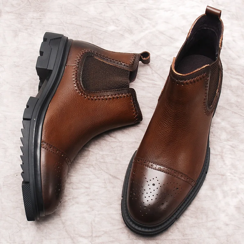 

Fashion Mens Genuine Leather Ankle Boots Black Brown Slip On Round Toe Dress Boots For Men Italian Formal Chelsea Boots Men Shoe