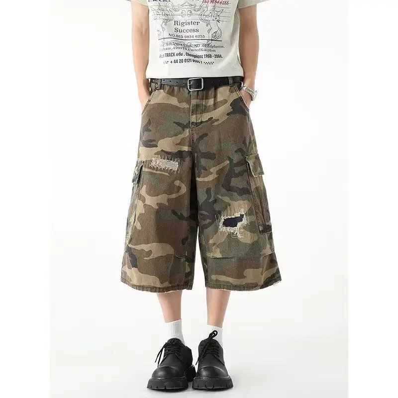

Summer 2025 American Retro Patched Camouflage Loose Straight Leg Jeans Men's Casual orts Mid-High Waist Wide Leg Jeans