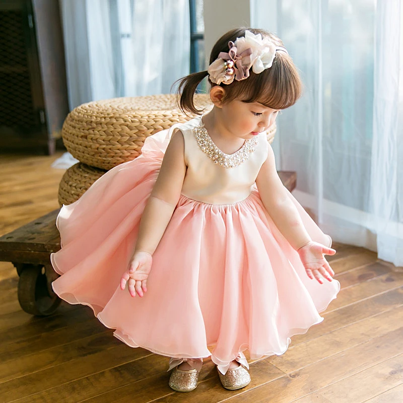 High Quality Baby Girl Dress Pink Chiffon Baptism Dress For Girl Infant 1 Year Birthday Dresses For Christening Gowns 6-24M