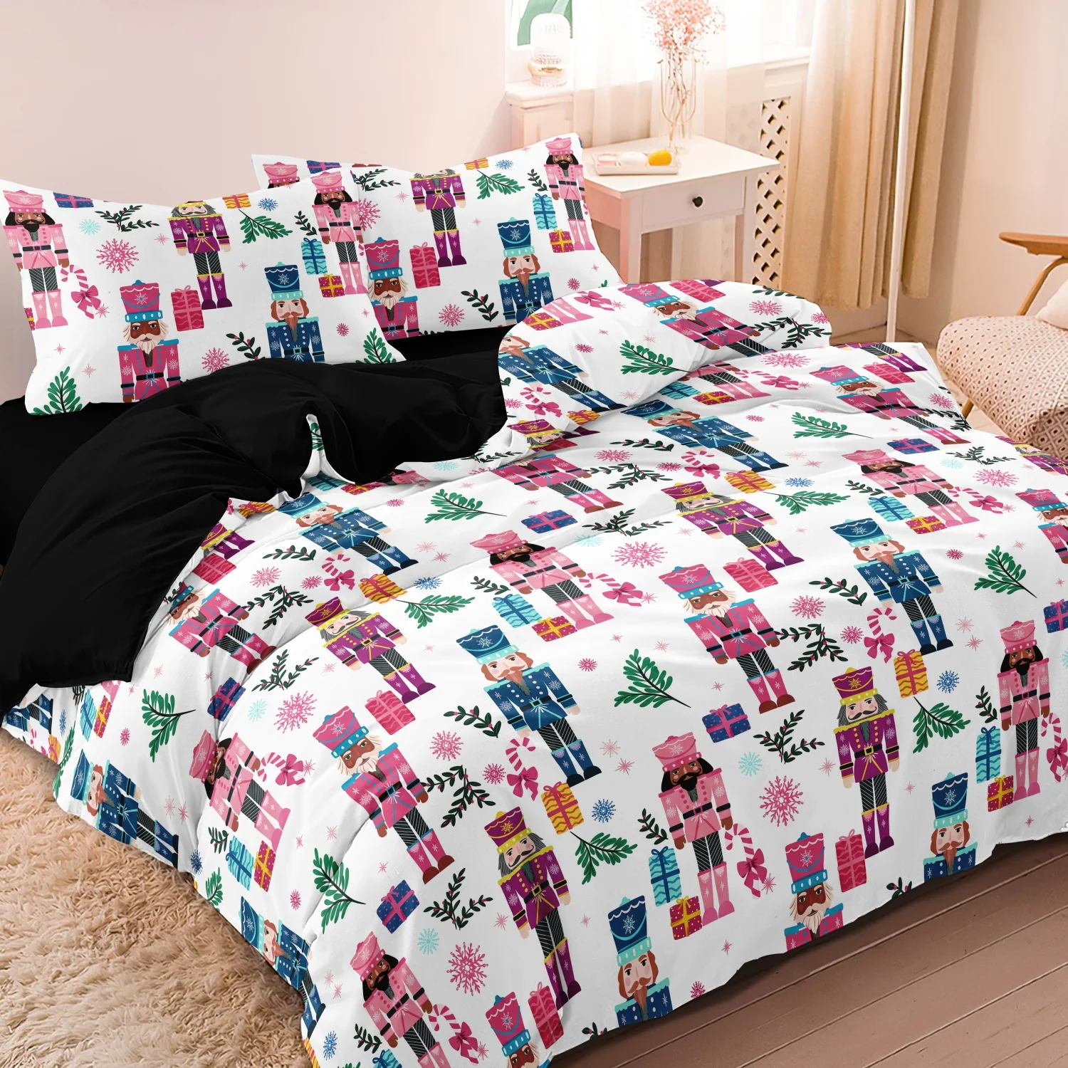 3Pcs Colorful Nutcracker Soldiers Gift Boxes Pine Leaves and Snowflake Print Duvet Cover Set, Nutcracker Christmas Bedding