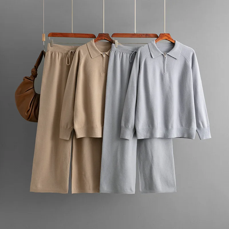 

Fashion Loose Zipper Collar Solid Long Sleeve Knit Pullover+Skinny Lace up Elastic Waist Pants 2-piece Set Women's Suit Winter