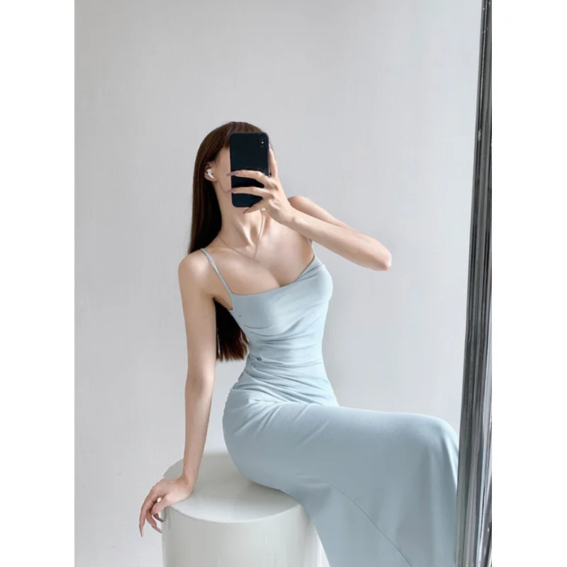 Autumn New Style Mature Ruched Design Backless Chest-Enhancing High-Waisted Party One-Step Strap Dress