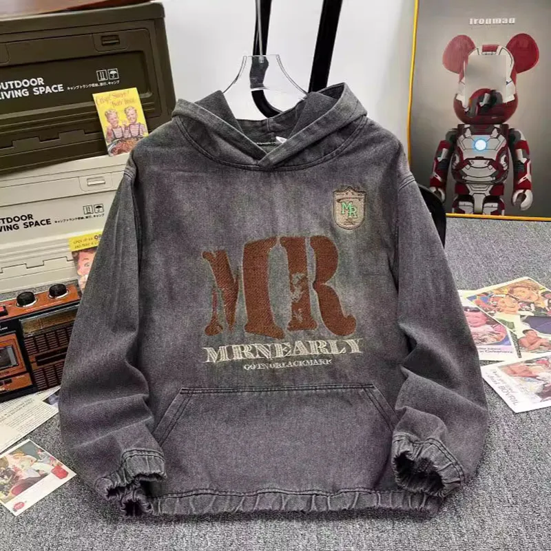 Brief Stickerei Denim Hoodie Für Männer Amerikanische Mode Lose Mit Kapuze Tops Herbst Casual High Street Retro Oversize Sweatshirt