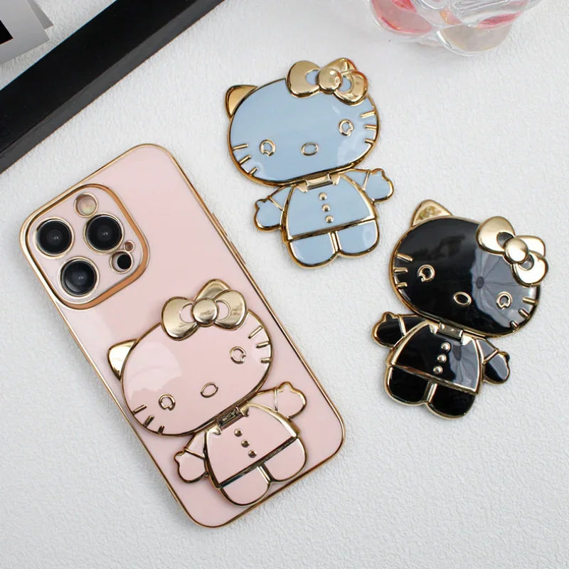 Sanrio Hello Kitty Mobile Phone Holder Cartoon Foldable Back Sticker Bracket Cute Anime Figure Makeup Mirror Style Stand Gifts