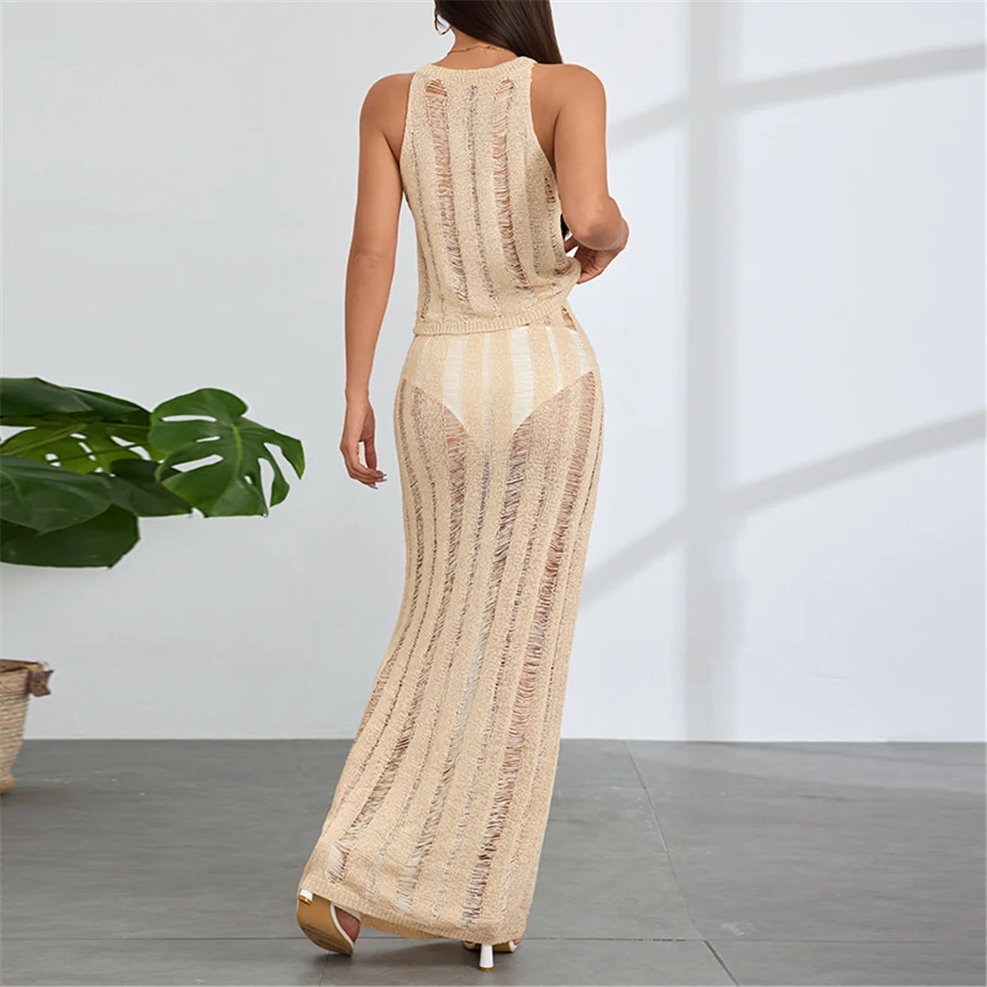 Neues, ärmelloses, gehäkeltes, gestricktes zweiteiliges Set, Tunika, Strandkleid, Strandbekleidung, Damenmode V6717 – Detail 11
