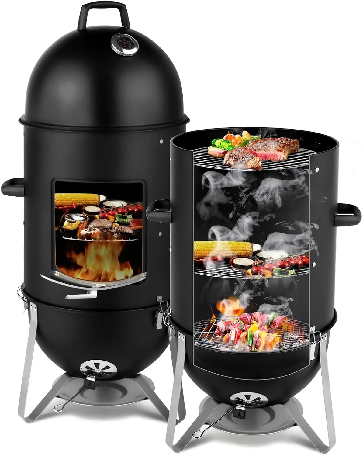 19 Inch Charcoal BBQ Smoker Grill,3-in-1 Portable Three Layer Vertical Grill Cooker with Built-in Thermometers & Adjustable Vent