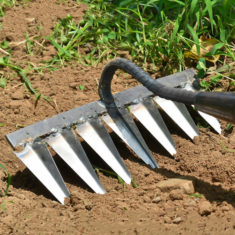 Rastrillo de deshierbe de azada de hierro para jardinería, herramienta de granja, rastrillo de agarre, aflojamiento del suelo, rastrillo de uñas,