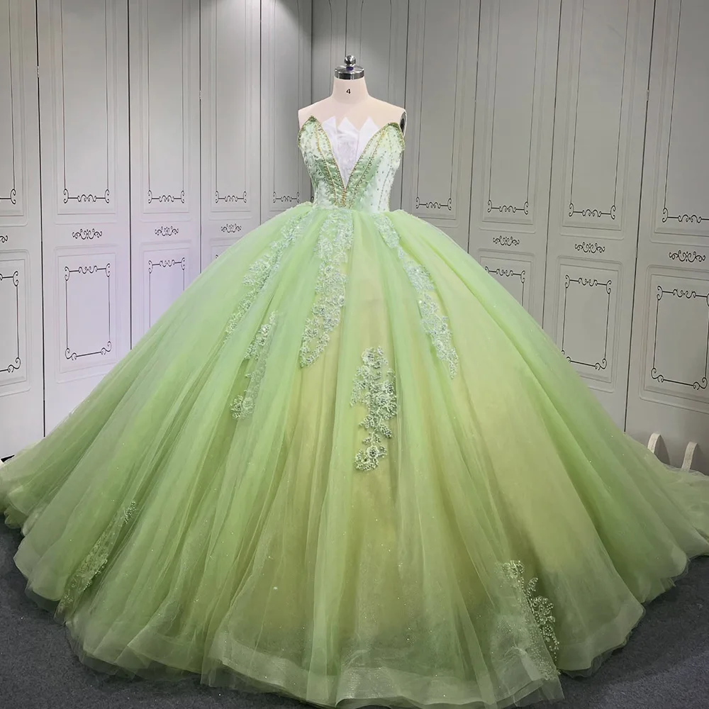 Sukienka Quinceañera na zamówienie, błyszcząca, zielona, balowa, bez rękawów, z cekinami, zdobiona koralikami, gorset, Sweet 16, Vestidos De 15 Años LSMU62