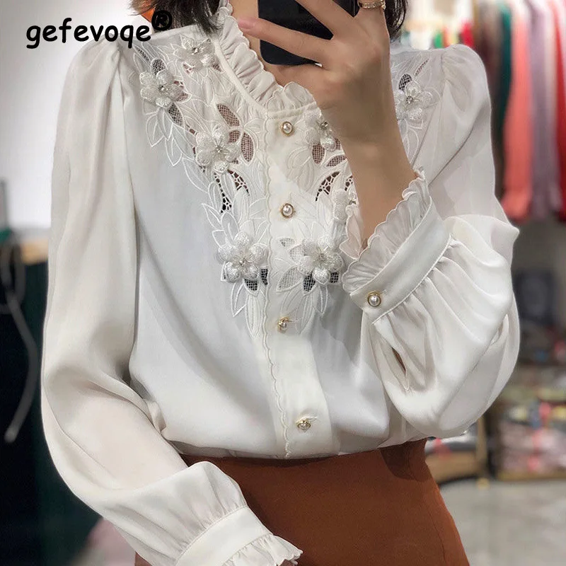 Women Satin Elegant Chic Ruffle Lace Flower Beads Button Shirts Fashion Vintage Sexy Hollow White Long Sleeve Loose Blouses Tops