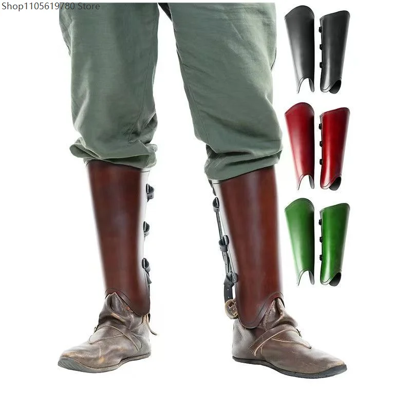 Retro Medieval Soldier Faux‑Leather Calf Greaves Adjustable Strap Design Leg Armor Protector Adult Cosplay Costume Accessory