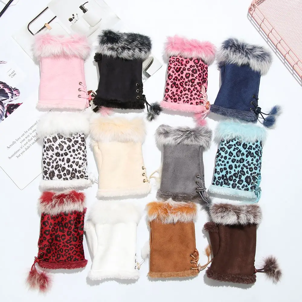 

Fashion Suede Rabbit Hair Gloves Soft Thicken Fingerless Mittens Warm Windproof Plush Gloves Women Girls