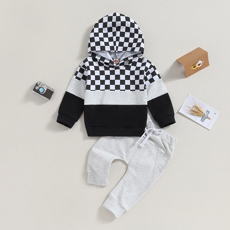 Checkerboard Color Block Hoodie Outfits para o bebê recém-nascido, roupas de criança, sweatsuit outono, conjuntos de roupas de inverno, 0-3T