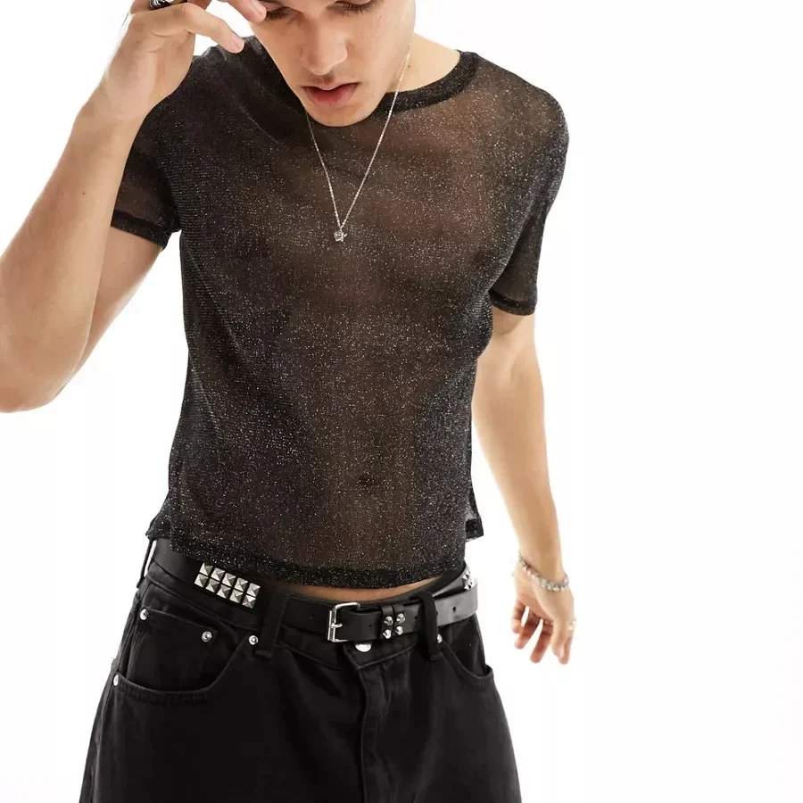 New Gold Glitter Niche Western Perspective Mesh Short Sleeve T-shirt Mens Fashion Tanks Top for Men
