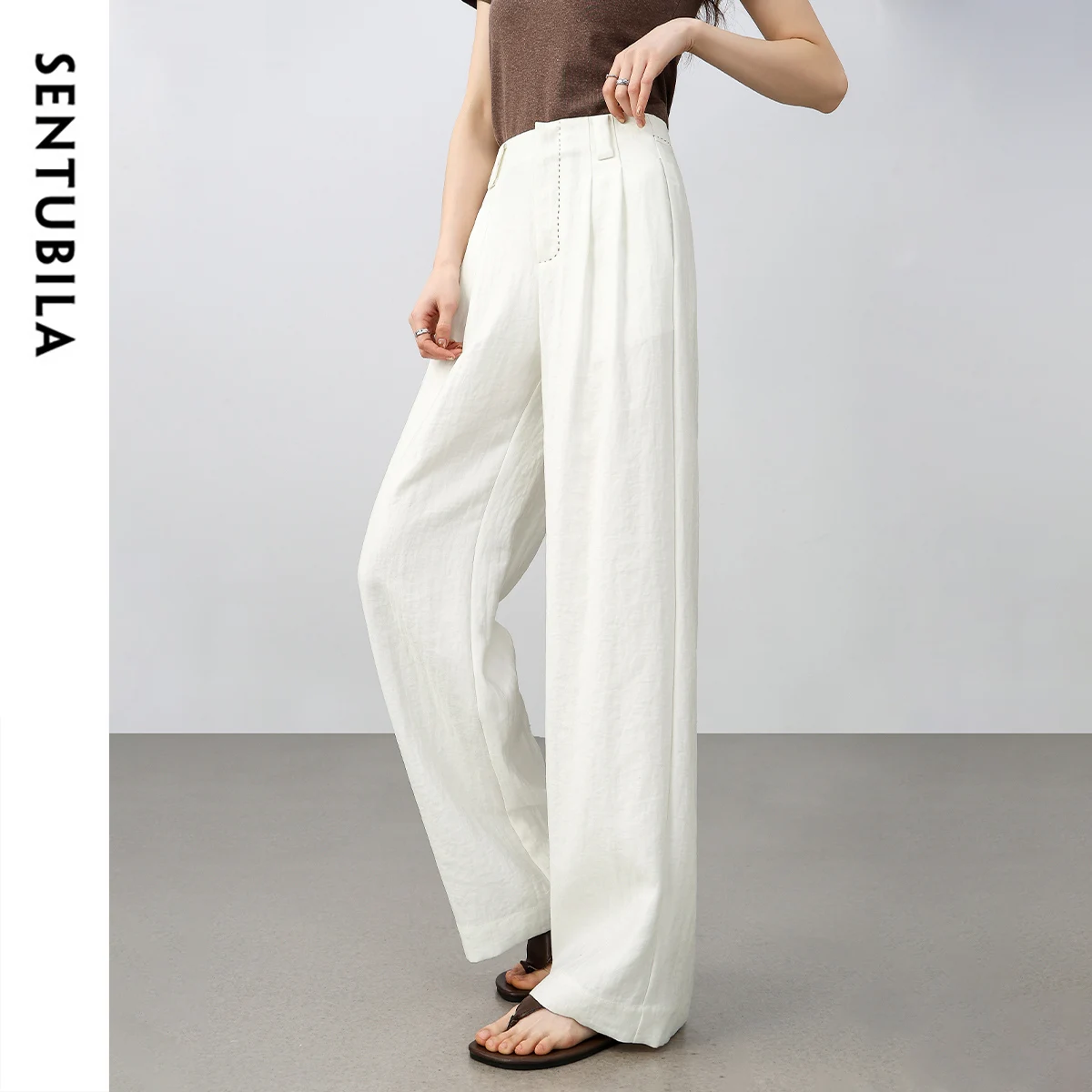 SENTUBILA Summer Long Baggy Pant 2025 Women's White Wide-leg Commuter Pants High-Waisted Loose Fit Trouser Clothing 152K80129