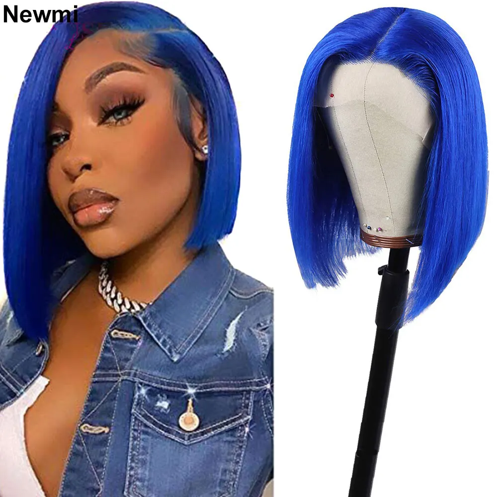 

Newmi Blue Bob Wig Human Hair 13x4 Full Lace Frontal Wigs Straight Cosplay Short Bob Blue Lace Front Human Hair Wigs for Women