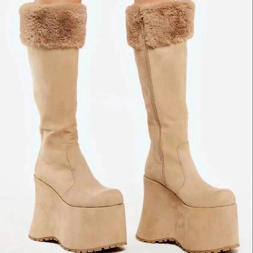Diseño rosa lindo punta redonda hasta la rodilla botas mujeres plataforma piel tacón alto botas de nieve cálidas vestido de niña zapatos de gamuza con cordones