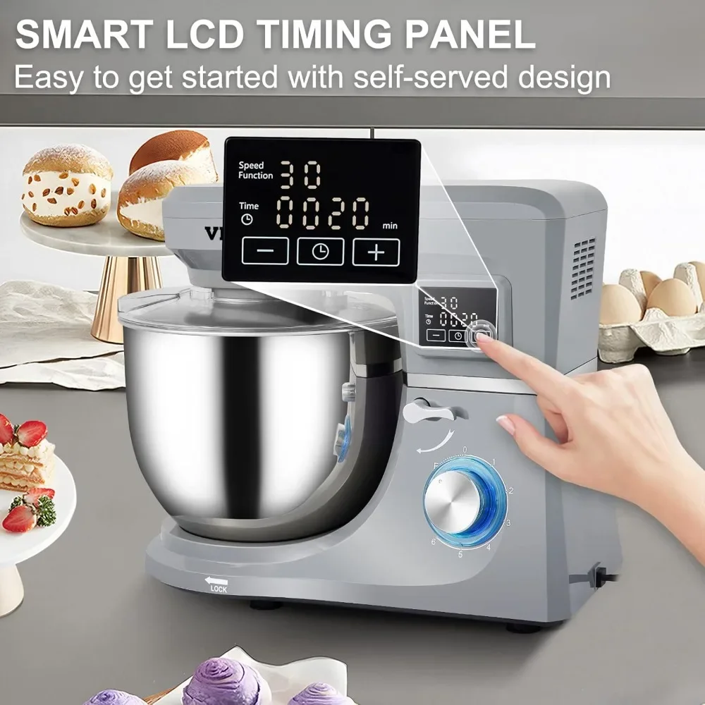 

5 IN 1 Stand Mixer, 660W Tilt-Head Multifunctional Electric Mixer – 6 Speeds, LCD Timer & 7.4 Qt Stainless Bowl