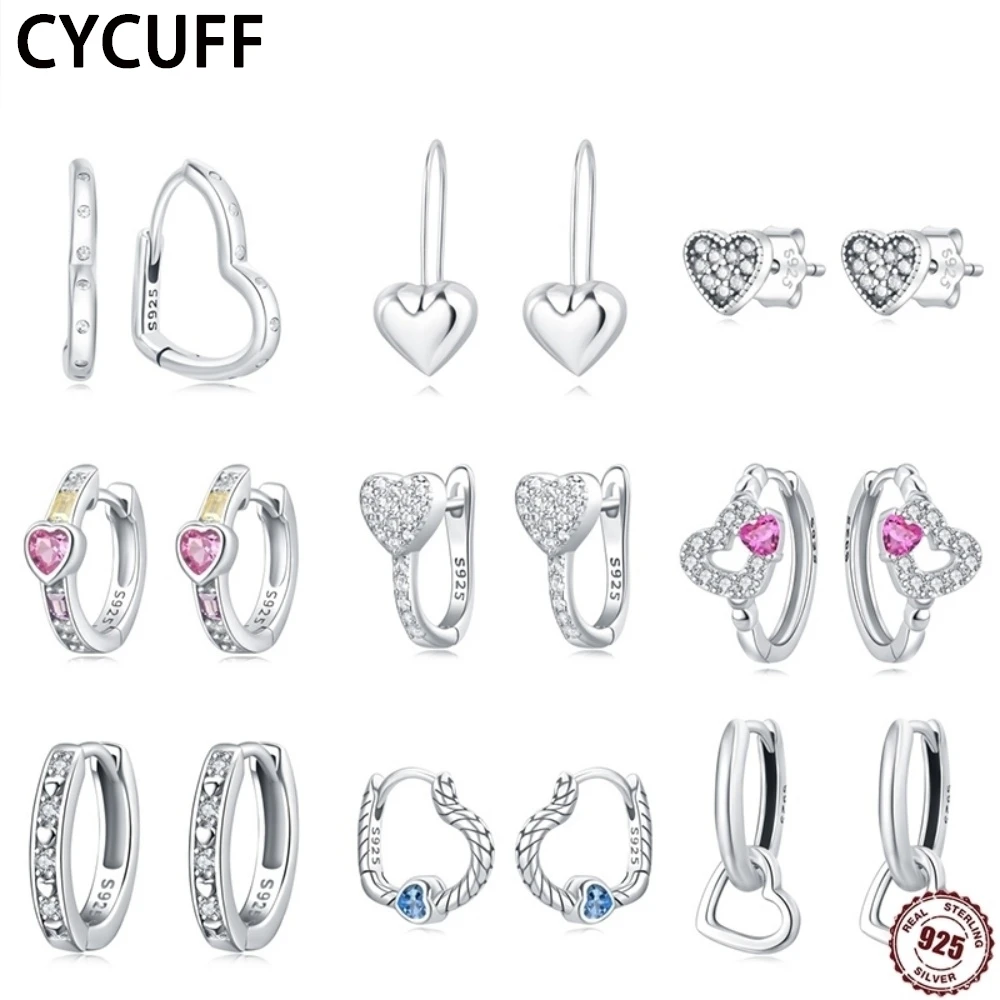 

CYCUFF Women Silver Heart-shaped Earrings For Women Original Real 100% 925 Sterling Silver Geometric Zircon Wedding Jewelry