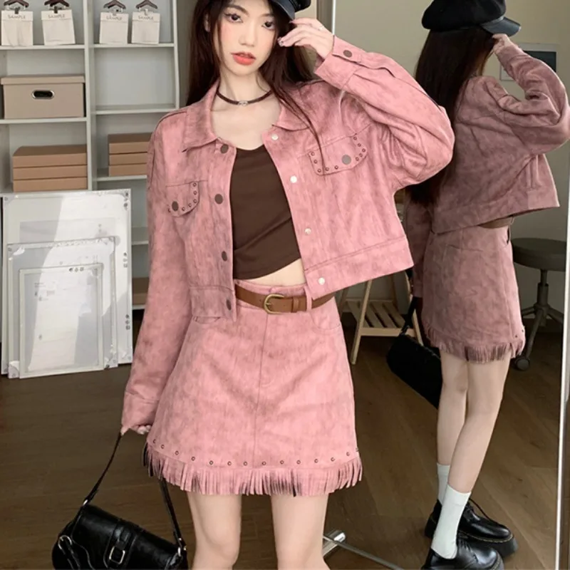 Y2K Girls Gothic Mini Skirts Two Piece Set Vintage Women's Pink Long Sleeve Short Jackets and High Waist Skirt with Belts Suit