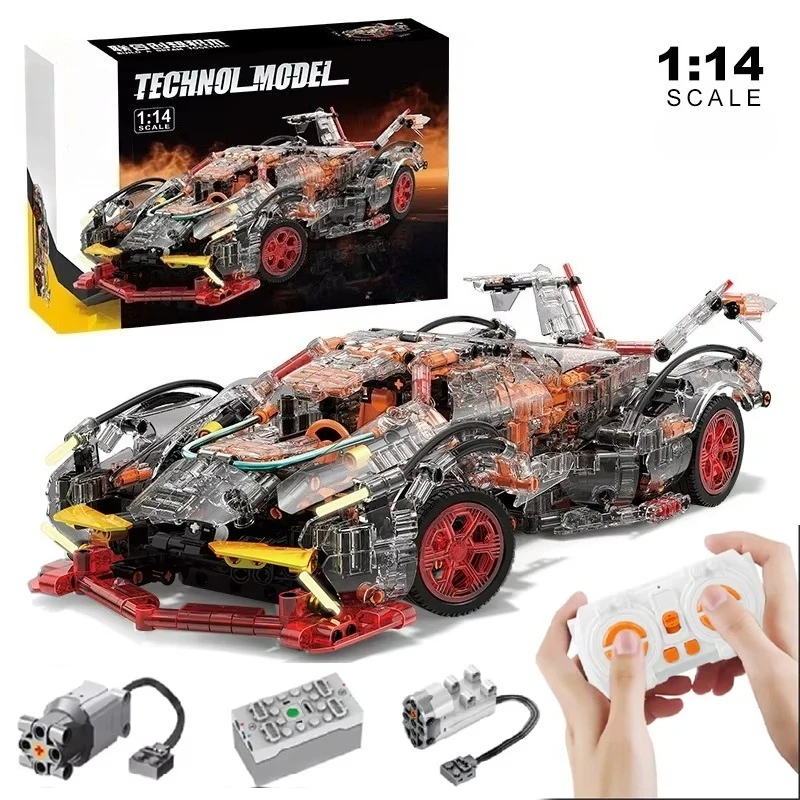 Transparent V12 Block Roadster RC Tech Racer 1:14 DIY Roadster Building Block Assembly Block Car Toy Birthday Gift