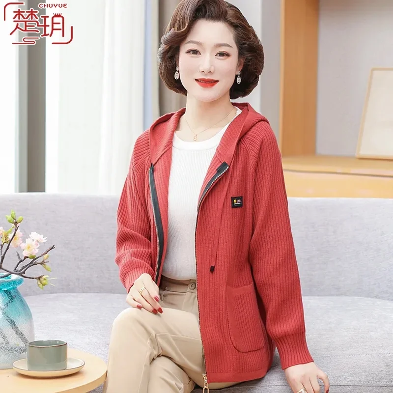 2023 New Mom Spring Autumn Fashion Foreign Style Coat 40 Year Old 50 Middle Aged and Elderly Women\'s Leisure Top Hooded Cardigan