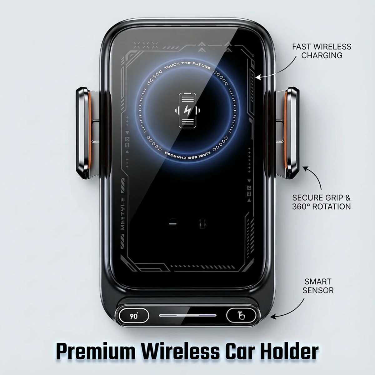 15W Wireless Charging Car Phone Holder with Light Sensor Auto-Clamp One-Touch Unlock & Rotation Strong and Durable Qi-Certified