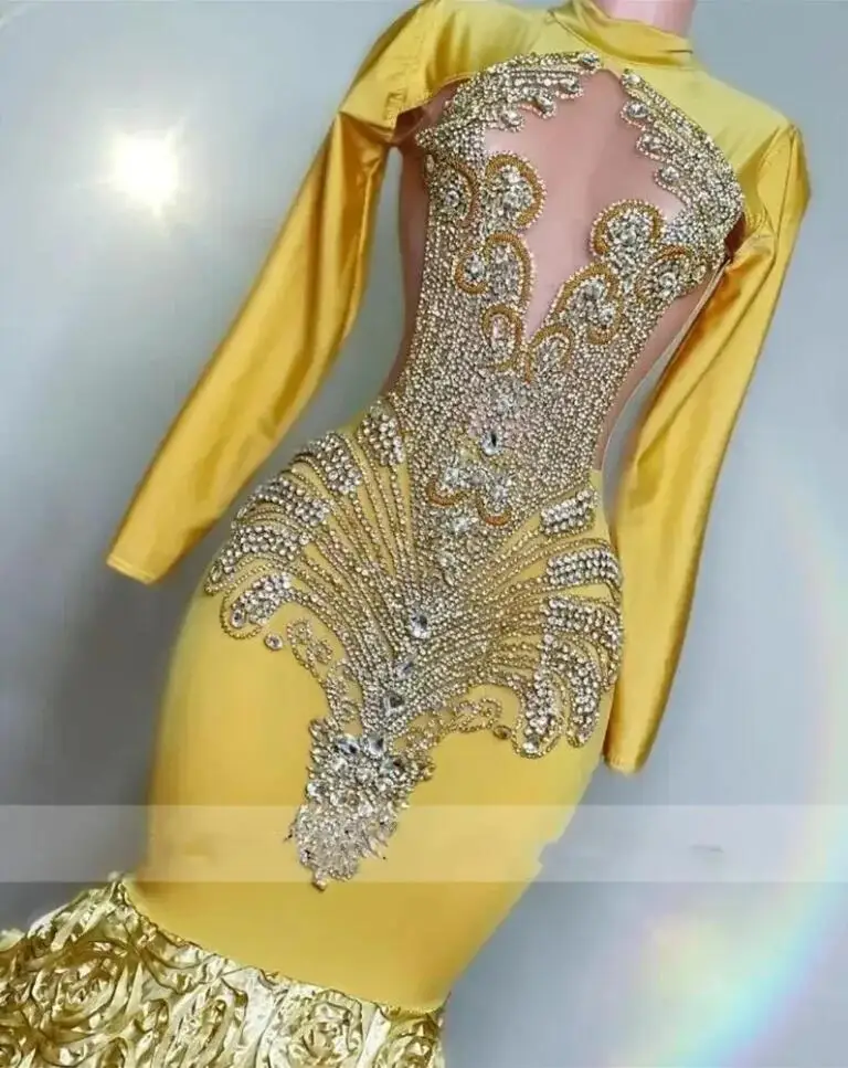 Sparkly Gold Satin Diamonds Long Prom Dress 2024 Long Sleeves Crystal Rhinestone Beading Ruffle Birthday Party Dress Evening