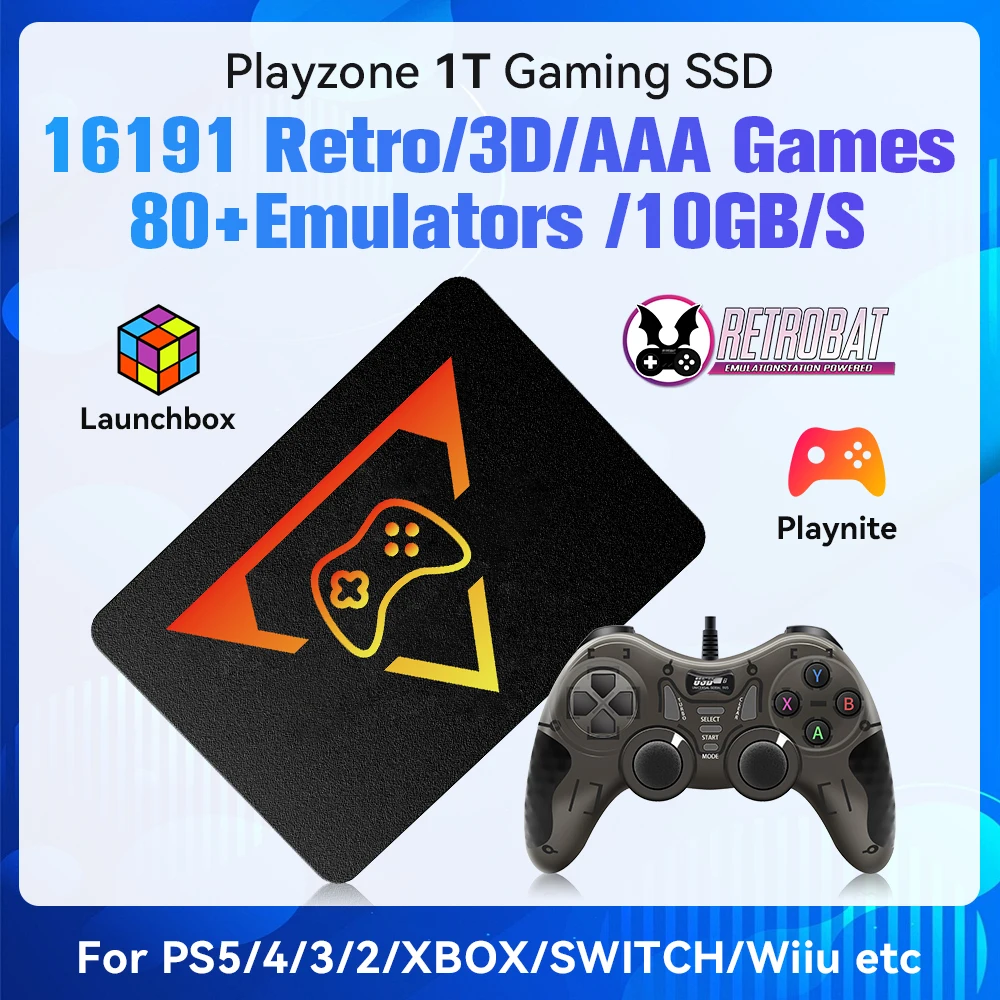 Playzone 1T Solid State Drive Retro Game SSD&Game controller 16191Games Launchbox＆Retrobat＆Playnite 80+Emulators For PC/Laptop