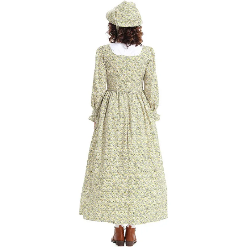 أزياء الهالوين الجديدة المستعمرة البراري فستان زهري أصفر المئزر الرائد زي مهرجان أزياء اللعب