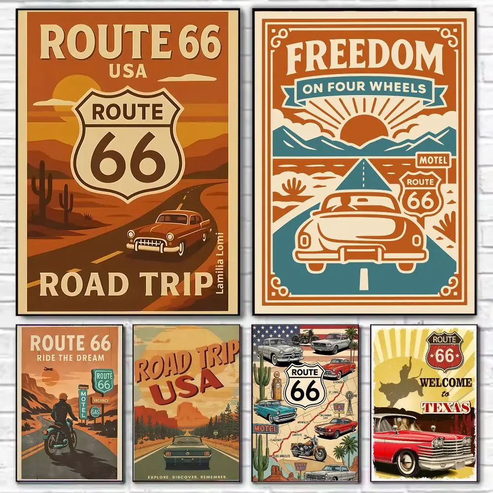 travel vintage Route 66 Poster HD Art Decorative Wall Art Waterproof Home Décor for Living Room Bedroom Café Stylish Gift