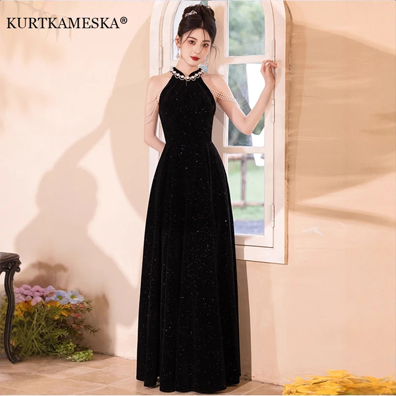 

Elegant Sexy Hanging Neck Pearl Decoration Evening Prom Dresses For Women Birthday Wedding Party Dress Formal Sleeveless Vestido