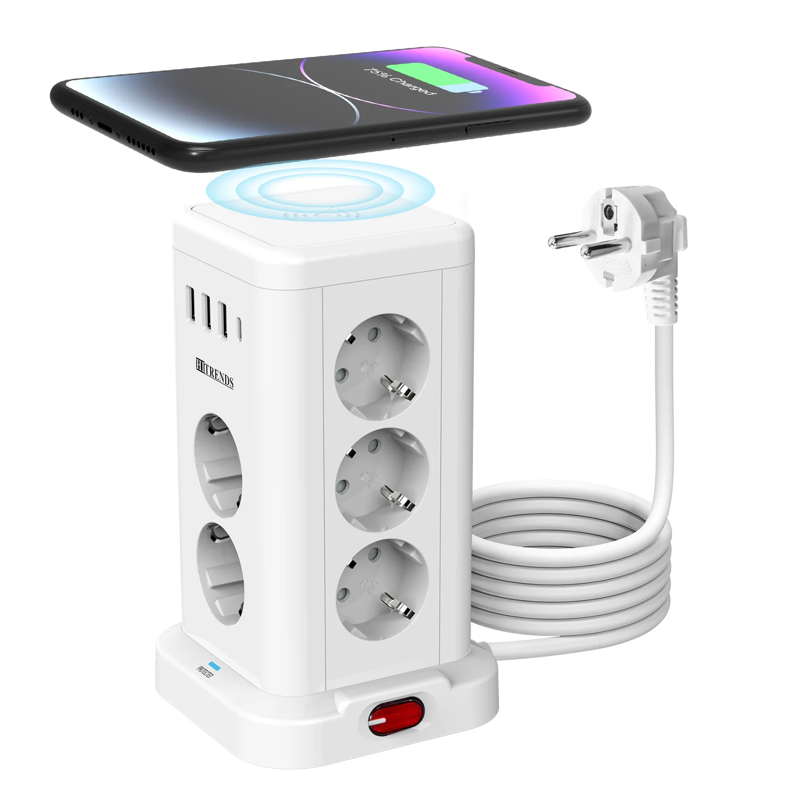 15-in-1 Smart Power Board with EU Plug Standard 3680W, 7/11AC Socket, 3USB-A and 1USB-C Charging Ports, 2-Meter Extension Cable