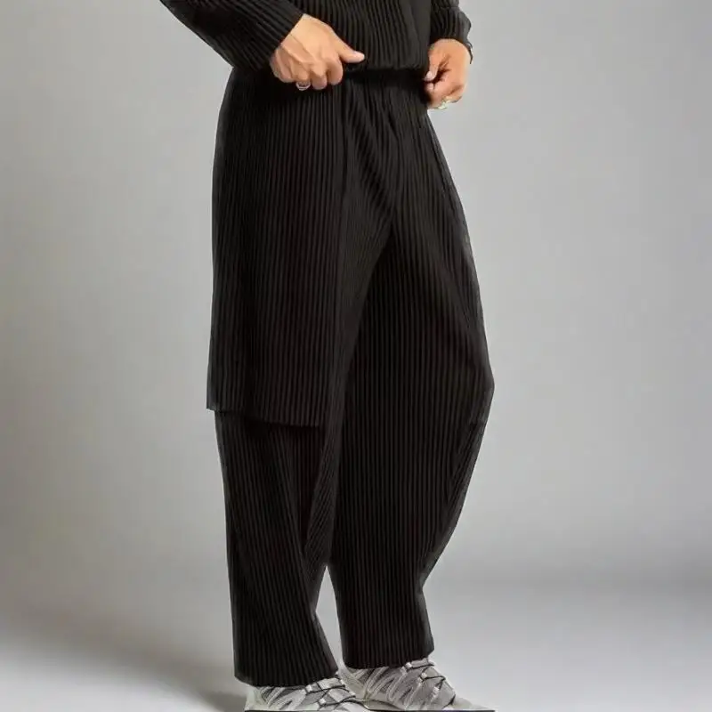 Celana Pria Lipatan Miyake Celana Kargo Celana Panjang Sembilan Titik Pinggang Serut Pas Longgar Kasual Gaya Jepang Pakaian Jalanan Musim Panas