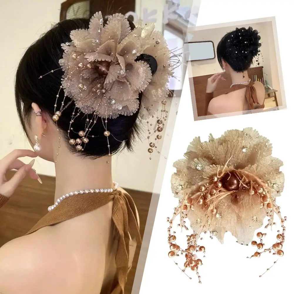 

Women's Elegant Mesh Flower Hair Clip Elegant Pearl Tassel Accessories Clip Fashion Shark Ponytail Clip Hair Girl T6U5