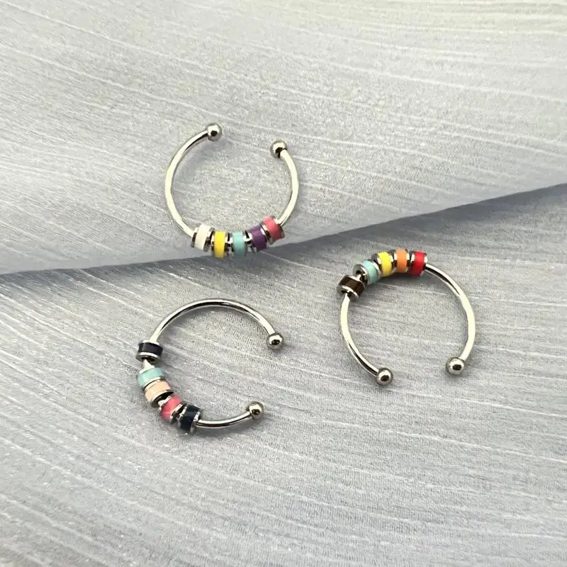 Women Men Open Ring Adjustable Anxiety Relief With Enamel Bead Opening Decoration Accessory Stacking Spinning Ring
