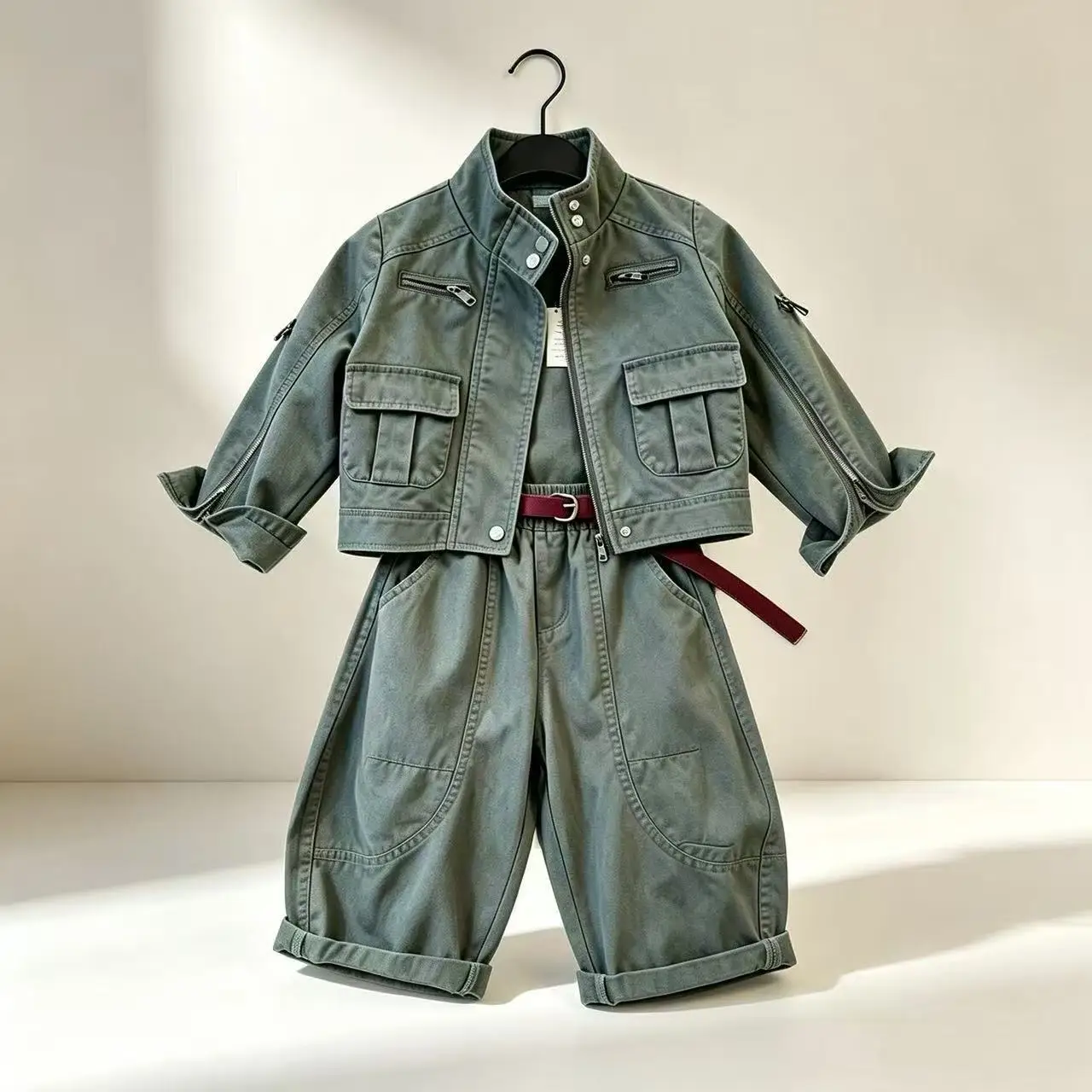 Children's Spring/Autumn Set 2026 New Boys and Girls Heavy-Duty Zippered Workwear Jacket + Loose Pants Fashion Two-Piece Set