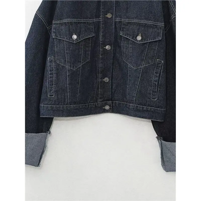 CYL-طقم سترة نسائية عتيقة من قماش الدنيم بأكمام طويلة وسترة طية صدر السترة مع جينز عالي الخصر وواسع الساق مكون من قطعتين #5