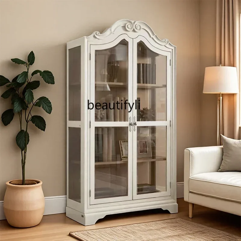 

Q181 French retro solid wood wine cabinet neoclassical carved storage bookcase light luxury display side cabinet