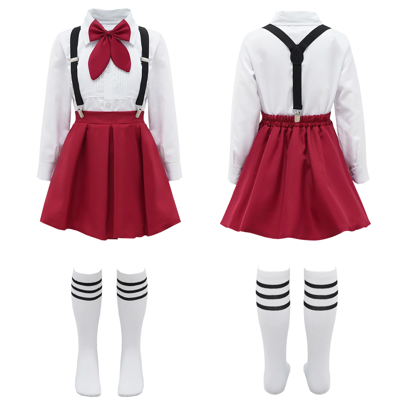 

Girls School Uniform Choir Stage Show Costume Turndown Collar Bow Tie Blouses T-shirts Tops+Suspender Skirt+Socks Sets 2024