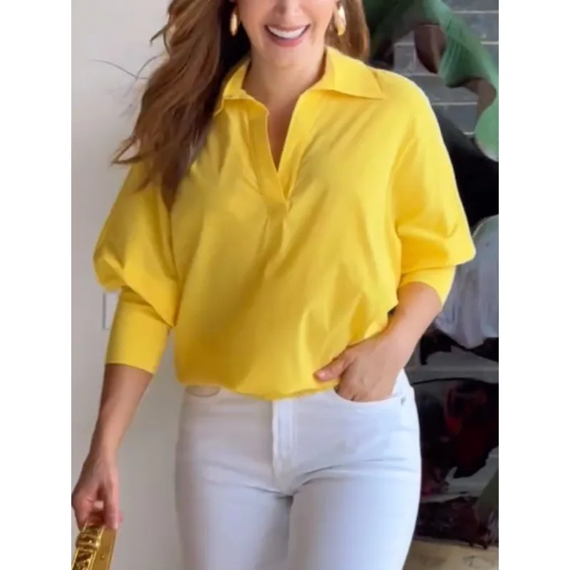 

Yellow Office Lady Wear Blouses 2025 Stylish 100%cotton Loose Fit Casual Three-Quarter Turn Down Collar Shirts&tops 180631